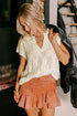 Beige Notched V Neck Short Sleeve Sweater